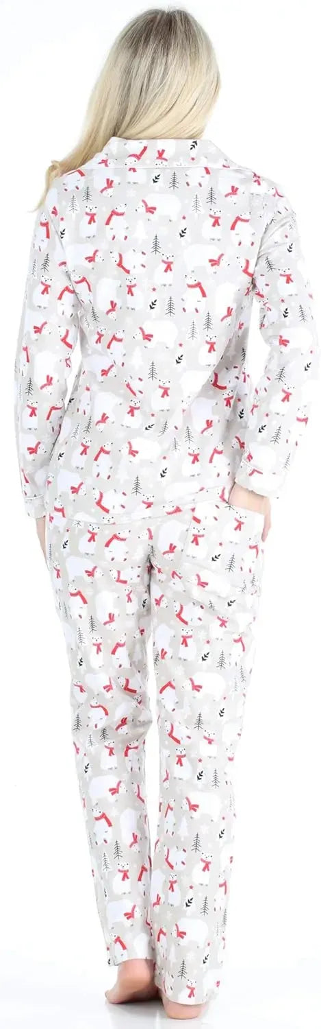 Women's Cotton Flannel Long Sleeve Button-Down Pajamas PJ Set