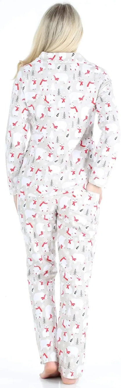 Women's Cotton Flannel Long Sleeve Button-Down Pajamas PJ Set