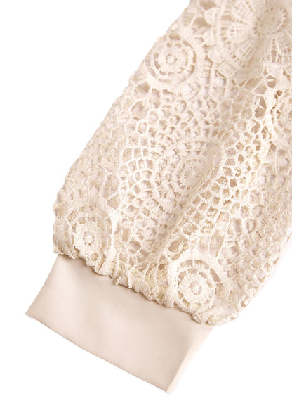Beige Embroidery Long Sleeve Split Neck Blouse