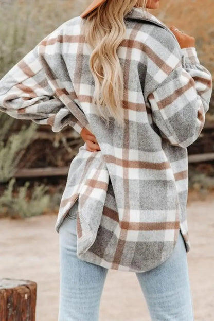 Womens Casual Plaid Shackets Brushed Flannel Button Down Shirt Jacket Coats with Side Pockets