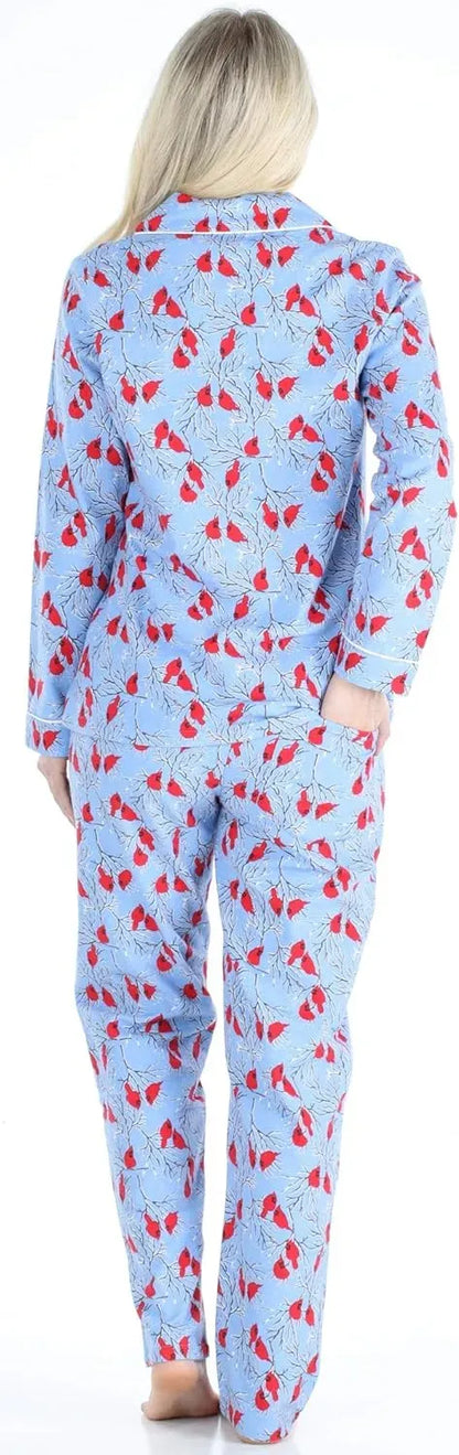 Women's Cotton Flannel Long Sleeve Button-Down Pajamas PJ Set
