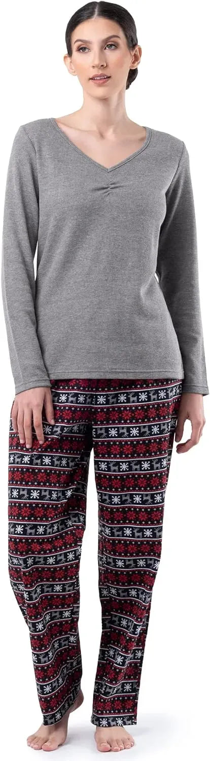 Fruit of the Loom Women's Waffle V-Neck Top and Flannel Pant Sleep Set