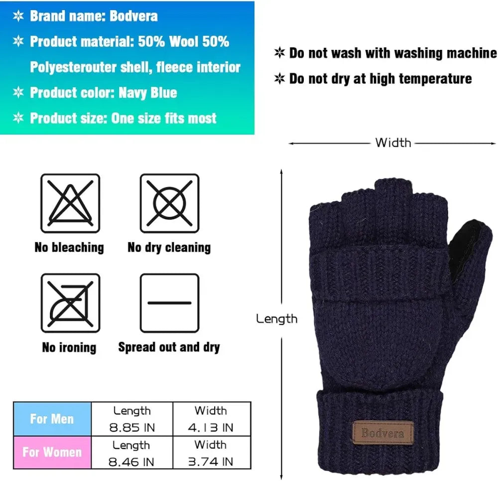 Bodvera Thermal Insulation Fingerless Texting Wool Gloves for Women and Men Winter Warm Knitted Convertible Mittens Flap
