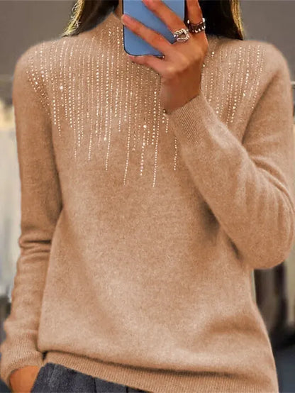 Women‘s Christmas Pullover Sweater Jumper Crew Neck Ribbed Knit Acrylic Sequins Fall Winter Regular Outdoor Daily Going out Xmas Stylish Casual Long Sleeve Solid Color Black White Light Green S M L