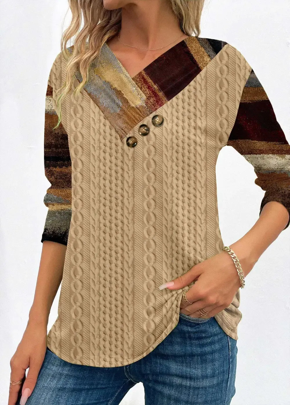 Light Camel Patchwork Graffiti Print Long Sleeve Sweatshirt