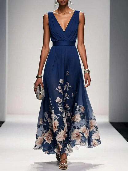 Light Blue Floral Chiffon V Neck Sleeveless A-Line Maxi Dress