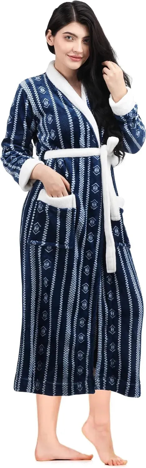 Women Fleece Shawl Collar Bathrobe - Plush Long Robe