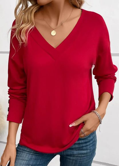 Wine Red Button Long Sleeve V Neck T Shirt