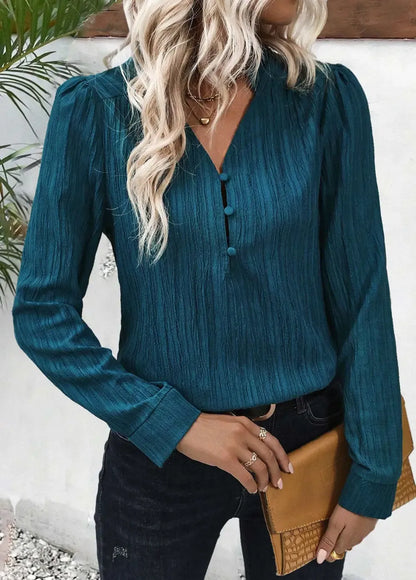 Peacock Blue Frill Long Sleeve Split Neck Blouse