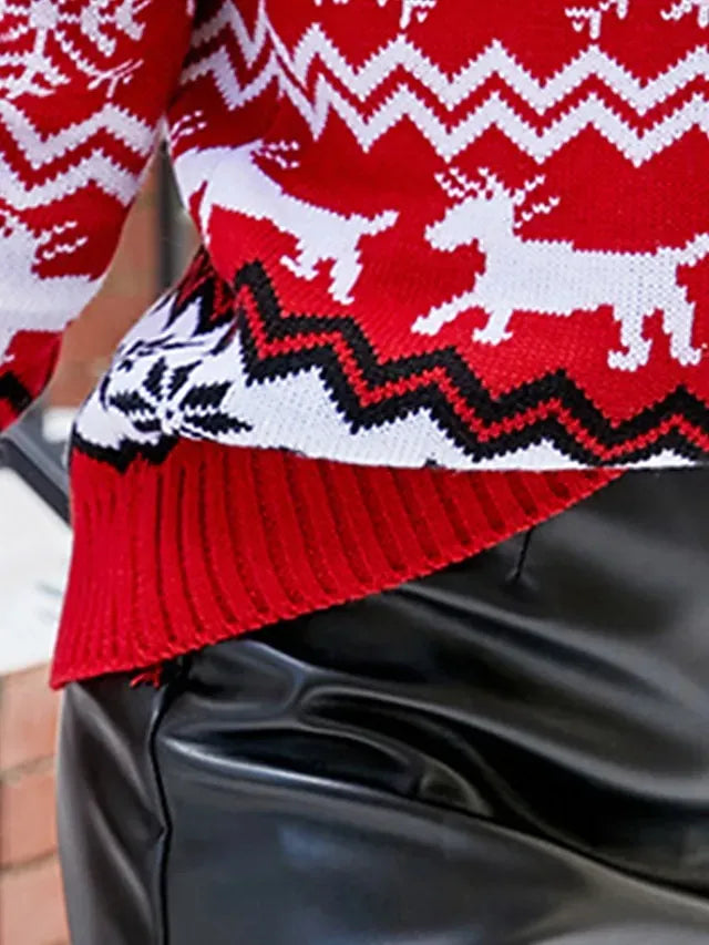 Women's Ugly Christmas Sweater Pullover Sweater Jumper Crew Neck Ribbed Knit Acrylic Tassel Fall Winter Regular Daily Going out Xmas Stylish Casual Soft Long Sleeve Elk Snowflake White Red S M L