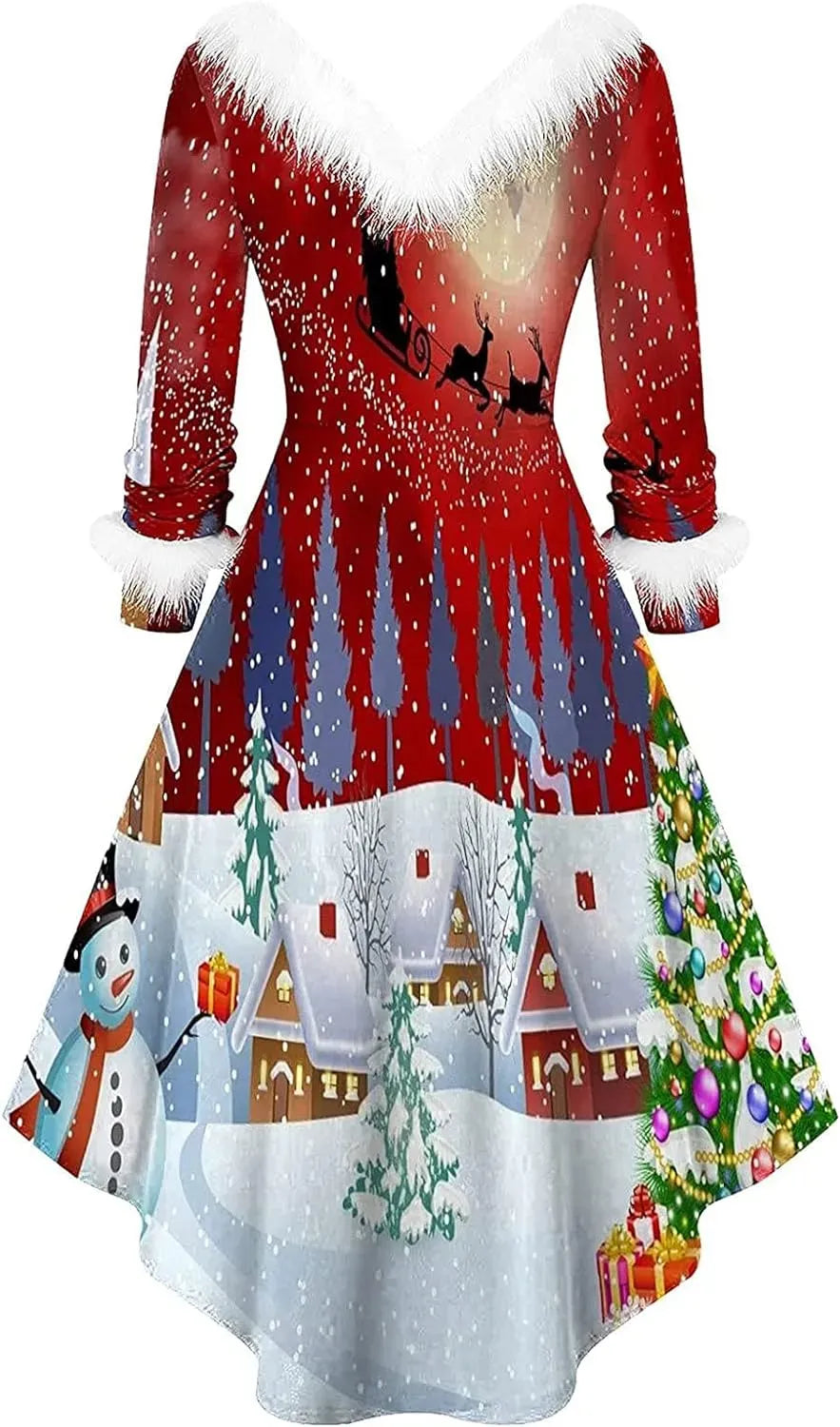 Womens Christmas Dress Fuzzy Mrs Claus Christmas Holiday Xmas Cocktail Holiday Party Flare Dress
