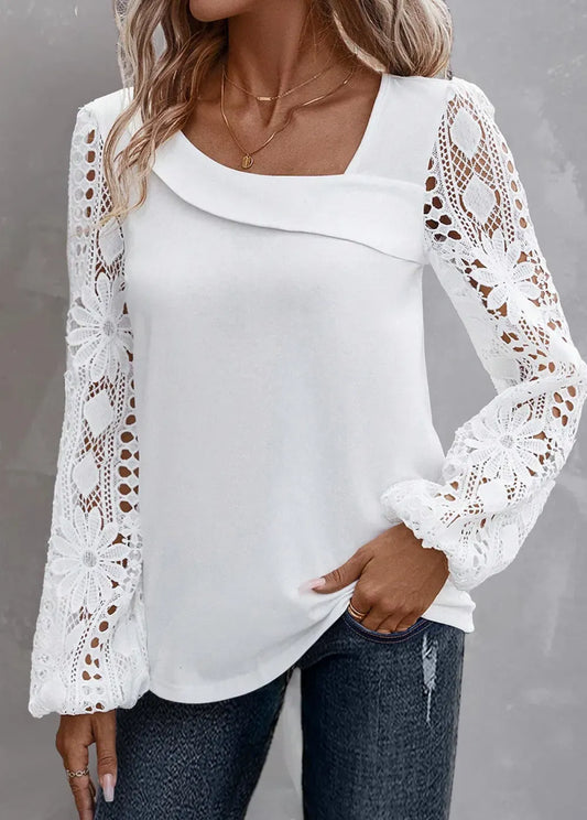 White Lace Long Sleeve Asymmetrical Neck Blouse