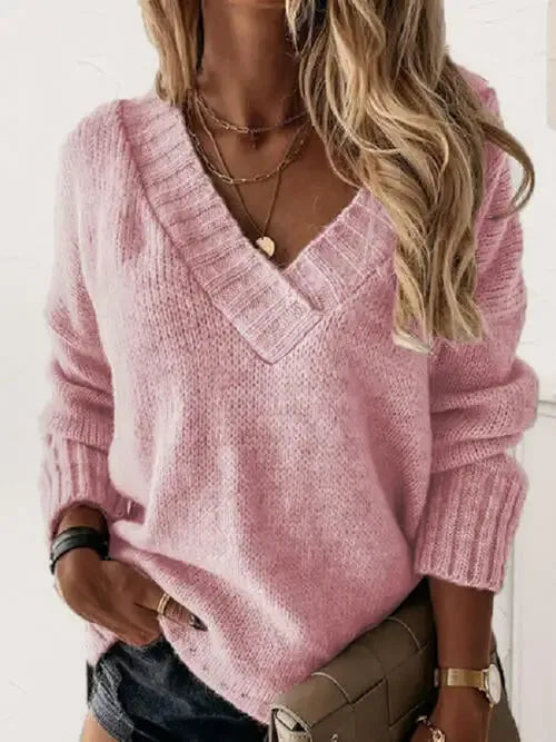 V-Neck Long Sleeve Knit Top Sweater AC