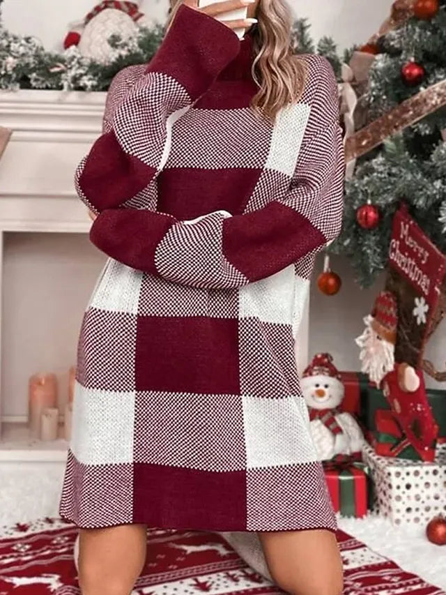 Women's Ugly Christmas Sweater Sweater Dress Christmas Sweaters Turtleneck Ribbed Knit Polyester Knitted Fall Winter Long Outdoor Christmas Daily Stylish Casual Soft Long Sleeve Plaid Red S M L