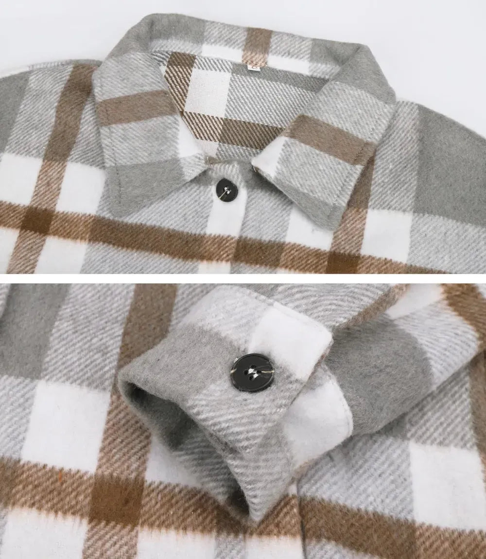Womens Casual Plaid Shackets Brushed Flannel Button Down Shirt Jacket Coats with Side Pockets