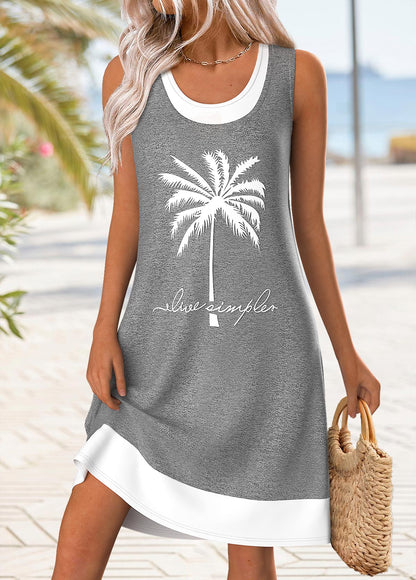 Grey Patchwork Tropical Plants Print Short A Line Dress