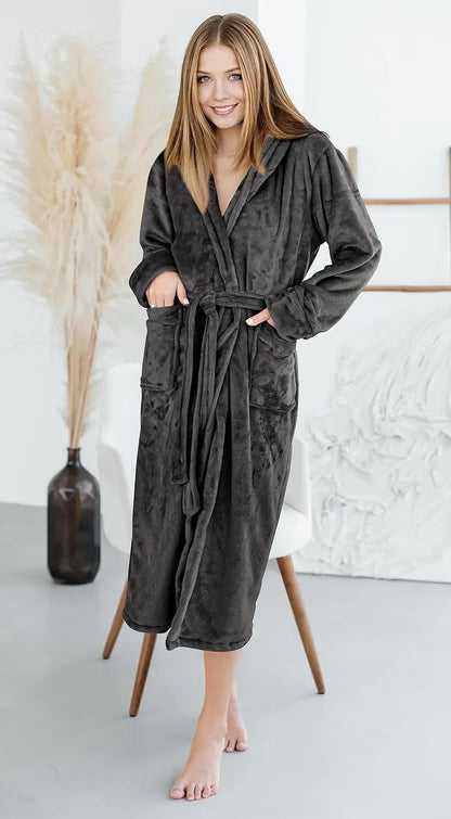 Women Fleece Shawl Collar Bathrobe - Plush Long Robe