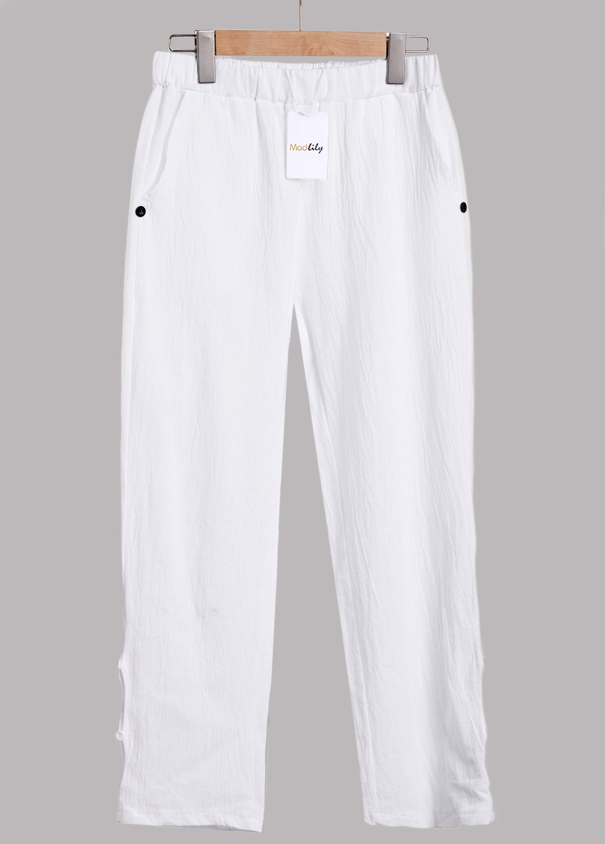 White Button Elastic Waist High Waisted Pants