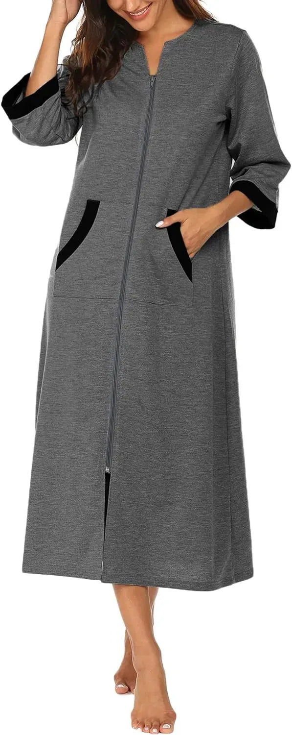 Women Zipper Robe 3/4 Sleeves Loungewear Dress Full Length Sleepwear Pockets Housecoat Nightgown Long Bathrobe