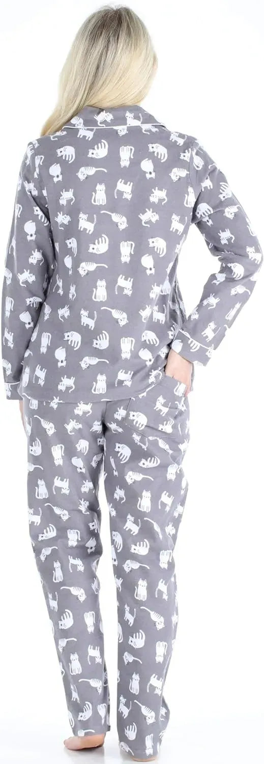 Women's Cotton Flannel Long Sleeve Button-Down Pajamas PJ Set