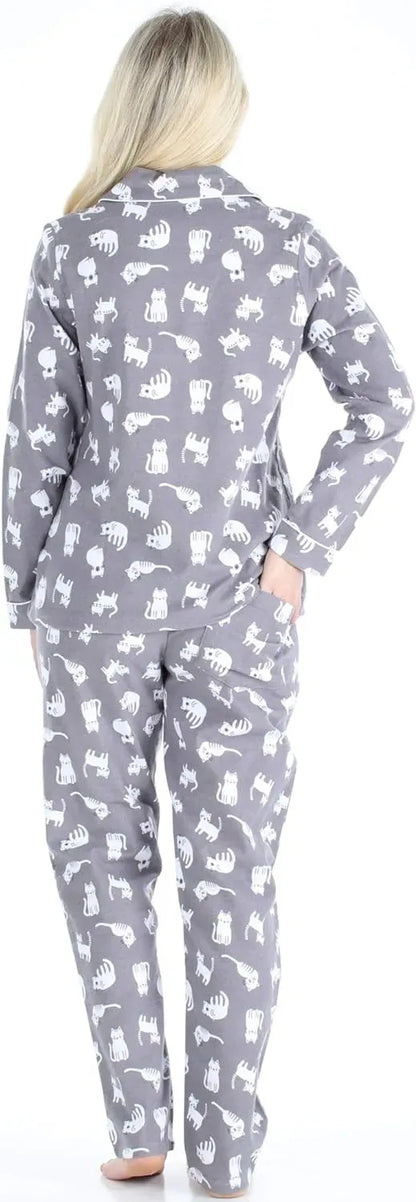 Women's Cotton Flannel Long Sleeve Button-Down Pajamas PJ Set
