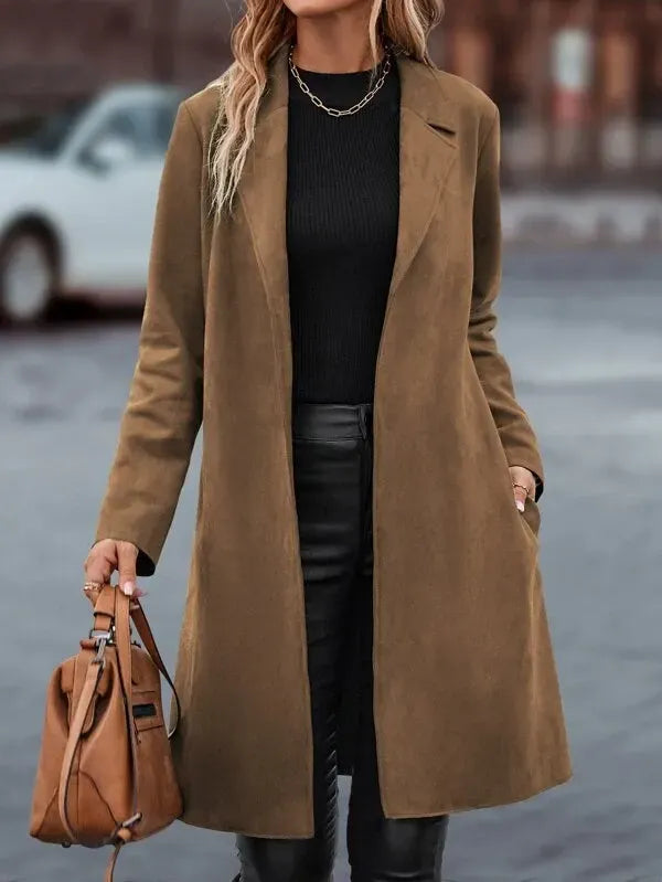 Lapel Neck Slant Pockets Open Front Belted Coat