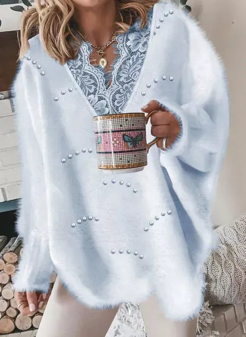 V-neckline Solid Color Casual Lace H-line Sweaters