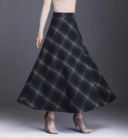 Women's Winter Elegant Warm Long Skirt Wool Maxi Skirts Elastic Waist A-Line High Waist Plaid Pleated Skirt S-3XL