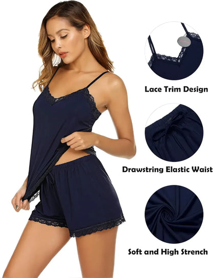 Women Cami Pajama Set Modal Sleepwear Lace Trim Short PJ Set with Shorts