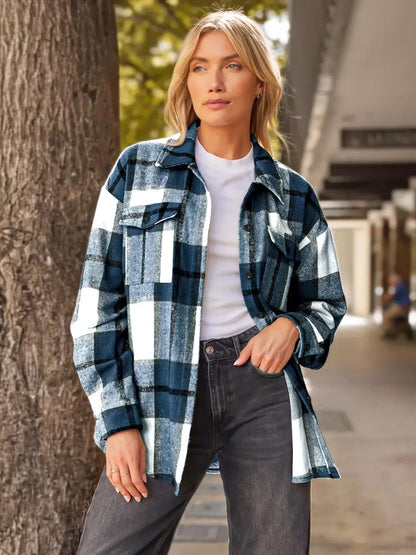 Womens Casual Plaid Shacket Button Down Long Sleeve Shirt