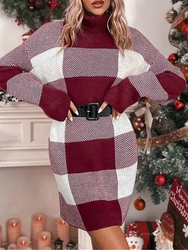 Women's Ugly Christmas Sweater Sweater Dress Christmas Sweaters Turtleneck Ribbed Knit Polyester Knitted Fall Winter Long Outdoor Christmas Daily Stylish Casual Soft Long Sleeve Plaid Red S M L