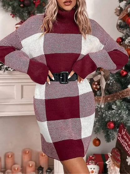 Women's Ugly Christmas Sweater Sweater Dress Christmas Sweaters Turtleneck Ribbed Knit Polyester Knitted Fall Winter Long Outdoor Christmas Daily Stylish Casual Soft Long Sleeve Plaid Red S M L