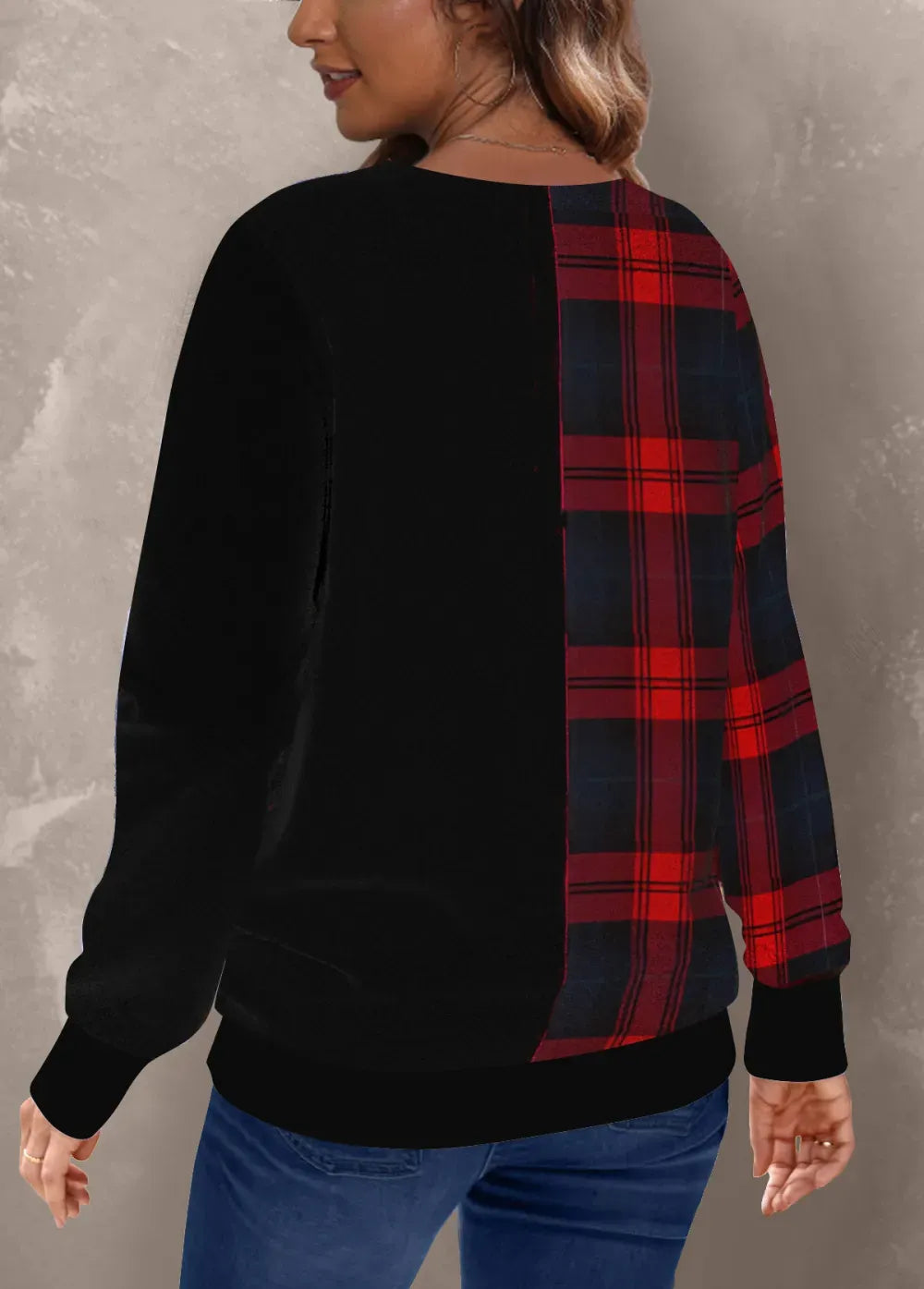 Black Patchwork Christmas Print Round Neck Sweatshirt