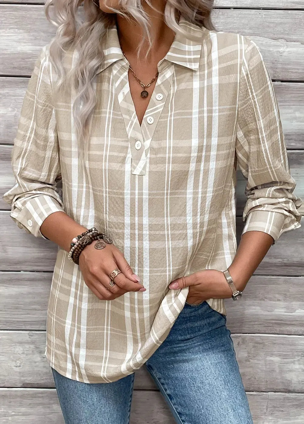 Light Coffee Button Plaid Long Sleeve Shirt Collar Blouse