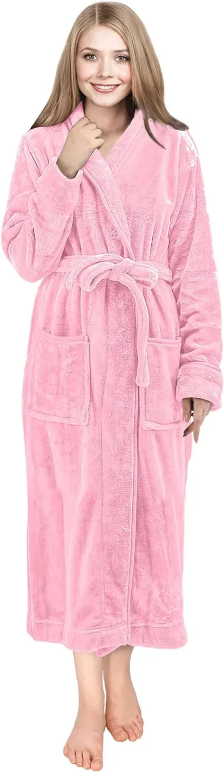 Women Fleece Shawl Collar Bathrobe - Plush Long Robe