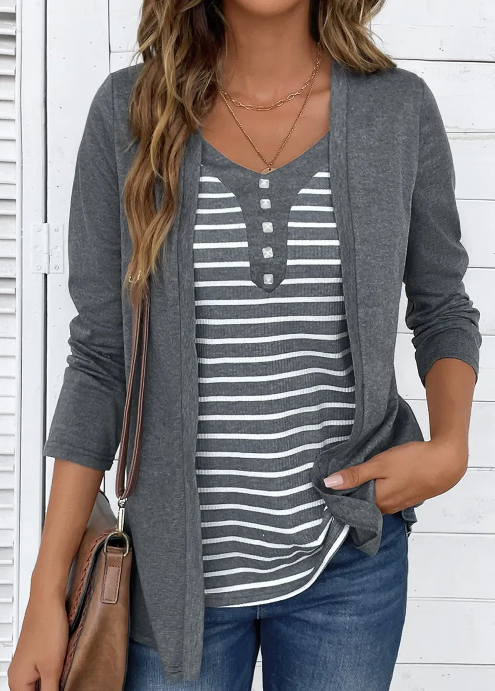 Dark Grey Marl Fake 2in1 Striped T Shirt
