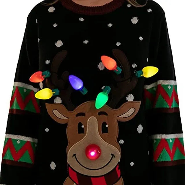 Womens LED Light Up Reindeer Ugly Christmas Sweater