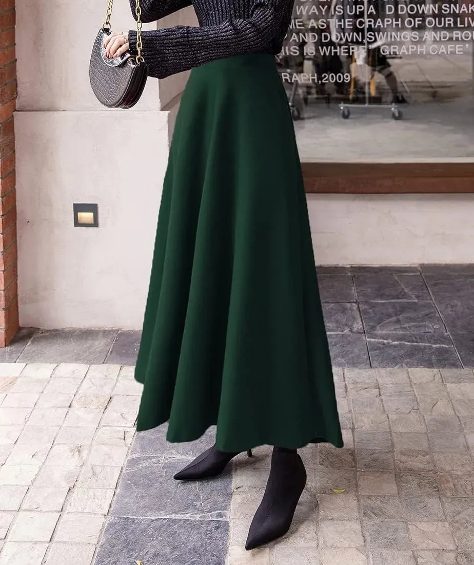 Women's Winter Elegant Warm Long Skirt Wool Maxi Skirts Elastic Waist A-Line High Waist Plaid Pleated Skirt S-3XL