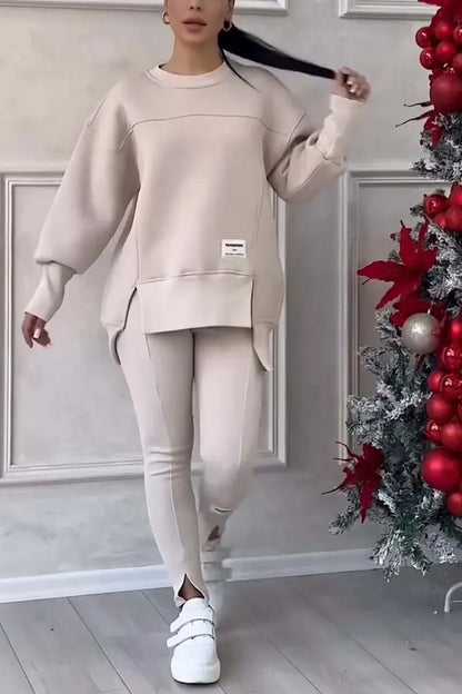 (NO PRINTING ON BACK) Women's Casual Solid Color Round Neck Long Sleeve Slit Hem Sweatshirt Leggings Set