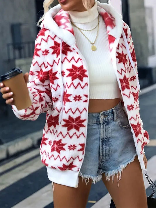 Women's Fleece Jacket Sherpa Jacket Teddy Coat Windproof Warm Christmas Street Daily Wear Vacation Zipper Pocket Print Zipper Hoodie Fashion Plush Modern Casual Snowflake Regular Fit Outerwear Long