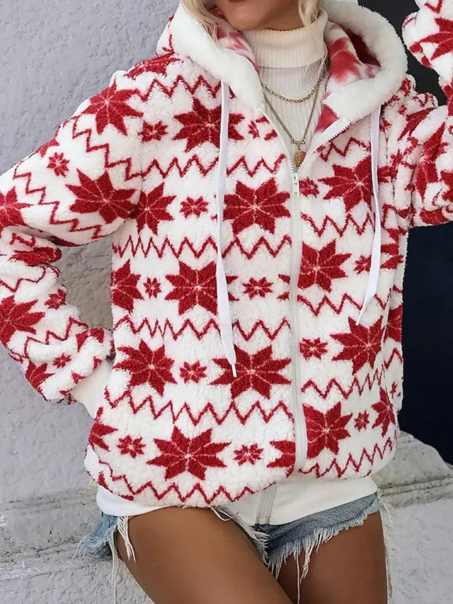 Women's Fleece Jacket Sherpa Jacket Teddy Coat Windproof Warm Christmas Street Daily Wear Vacation Zipper Pocket Print Zipper Hoodie Fashion Plush Modern Casual Snowflake Regular Fit Outerwear Long