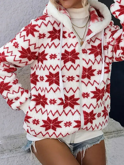 Women's Fleece Jacket Sherpa Jacket Teddy Coat Windproof Warm Christmas Street Daily Wear Vacation Zipper Pocket Print Zipper Hoodie Fashion Plush Modern Casual Snowflake Regular Fit Outerwear Long