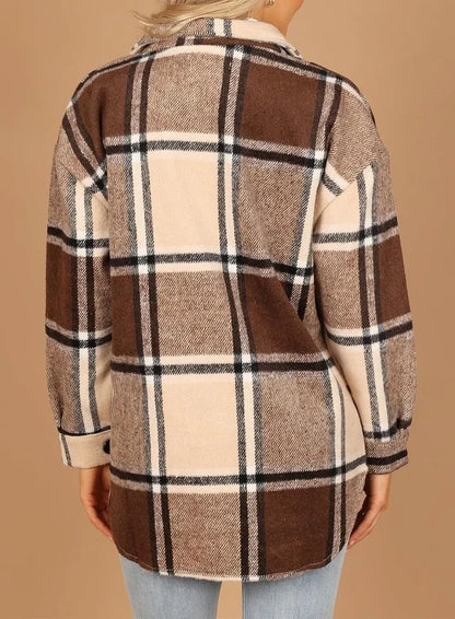 Womens Casual Plaid Shackets Brushed Flannel Button Down Shirt Jacket Coats with Side Pockets