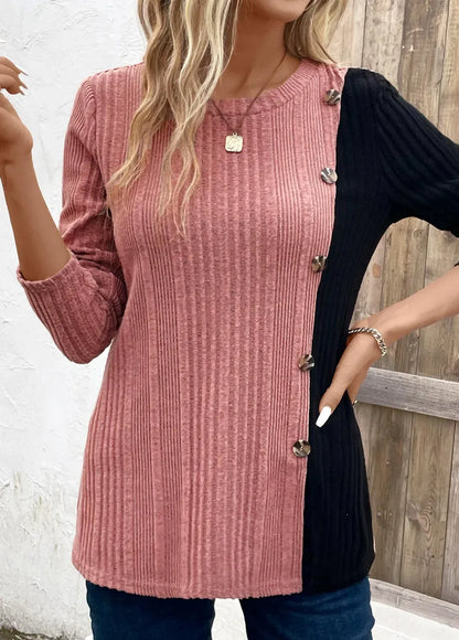 Black Patchwork Long Sleeve Round Neck T Shirt