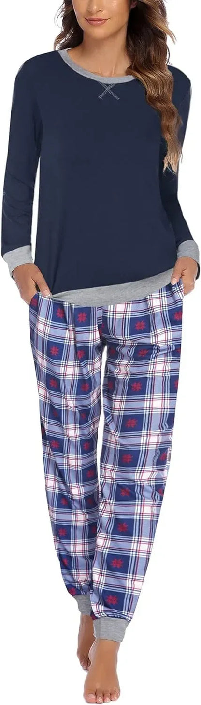 Women's Pajamas Sets Long Sleeve with Plaid Pants Soft Sleepwear O Neck 2 Piece Pjs Joggers Loung Set with Pockets