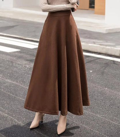 Women's Winter Elegant Warm Long Skirt Wool Maxi Skirts Elastic Waist A-Line High Waist Plaid Pleated Skirt S-3XL