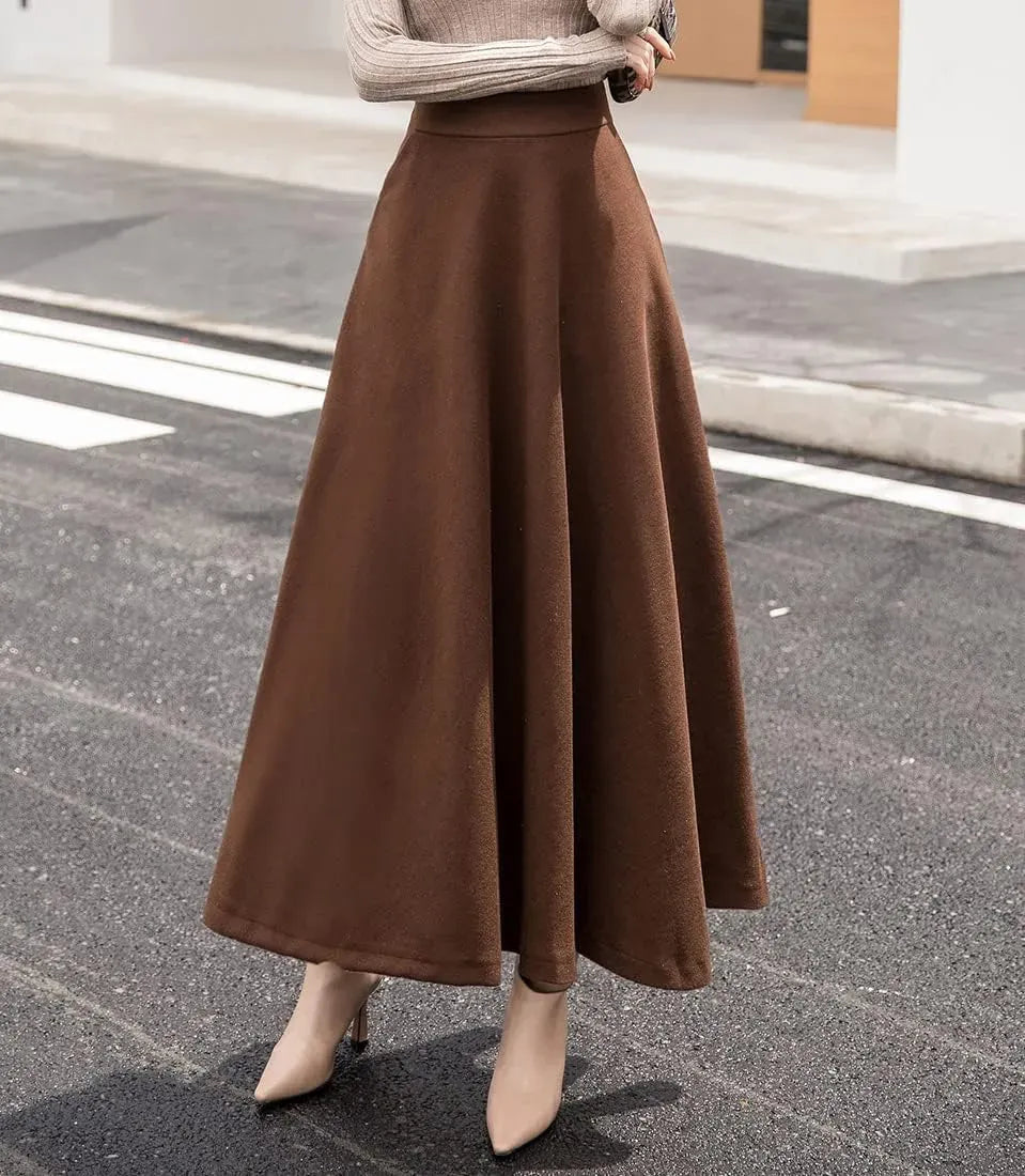 Women's Winter Elegant Warm Long Skirt Wool Maxi Skirts Elastic Waist A-Line High Waist Plaid Pleated Skirt S-3XL