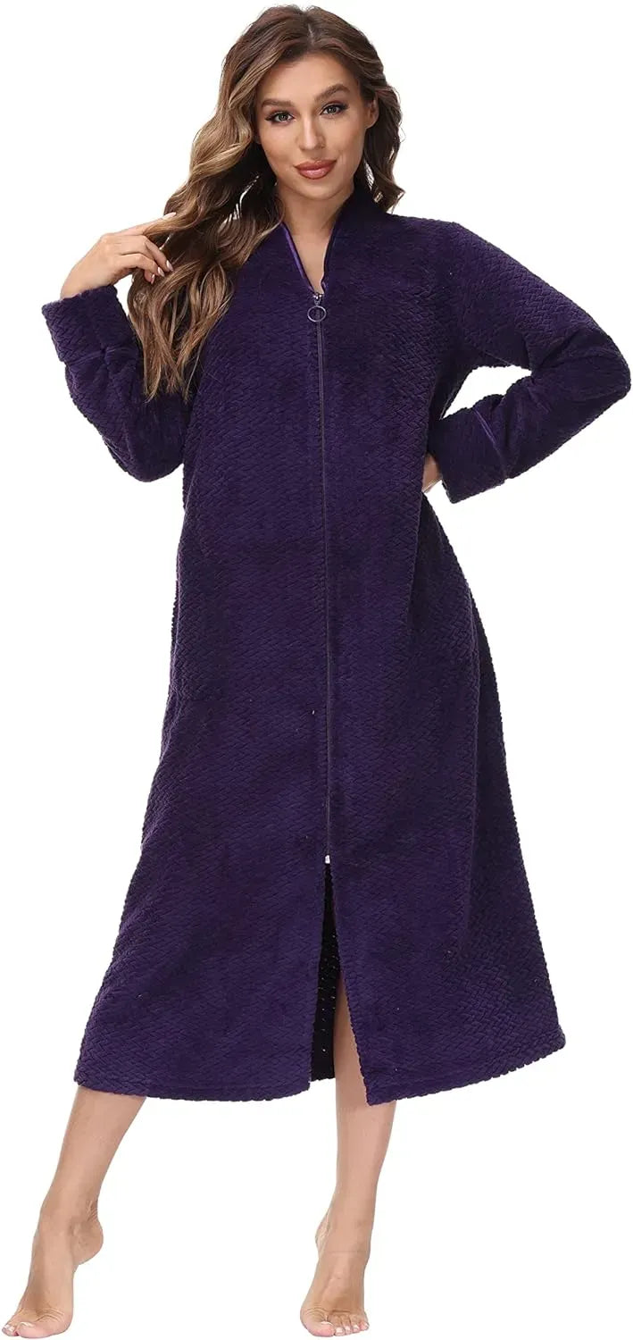 Embossed Plush Front Zipper Robe for Women - Full-Length Housecoat - Ladies Bathrobe with Pocket, Collar & Cuff, Chalky Rose, XS