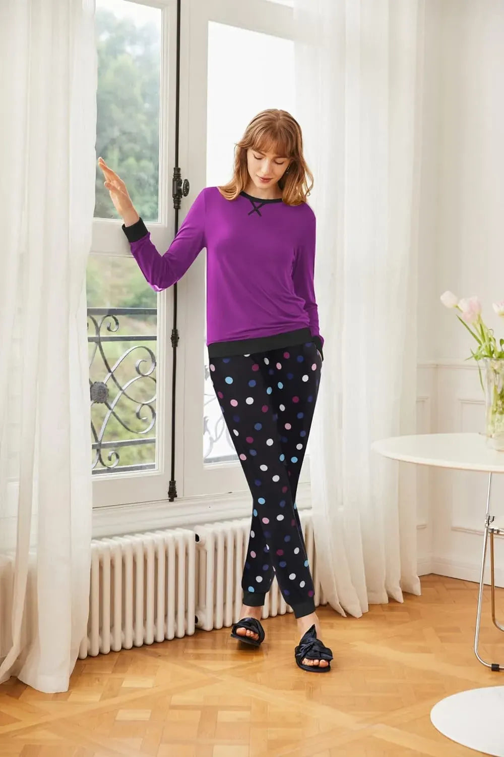 Women's Pajamas Sets Long Sleeve with Plaid Pants Soft Sleepwear O Neck 2 Piece Pjs Joggers Loung Set with Pockets