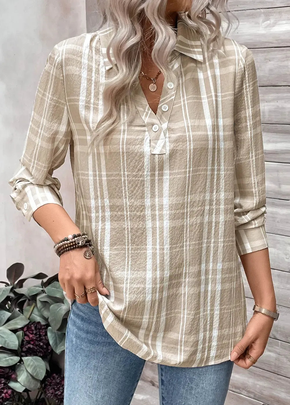 Light Coffee Button Plaid Long Sleeve Shirt Collar Blouse